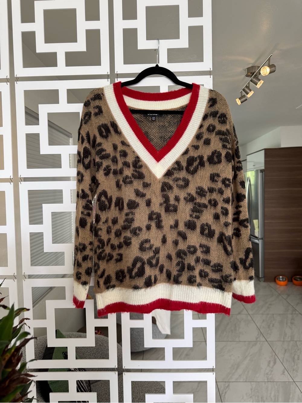 lulus Leopard V-Neck Sweater with Red Trim